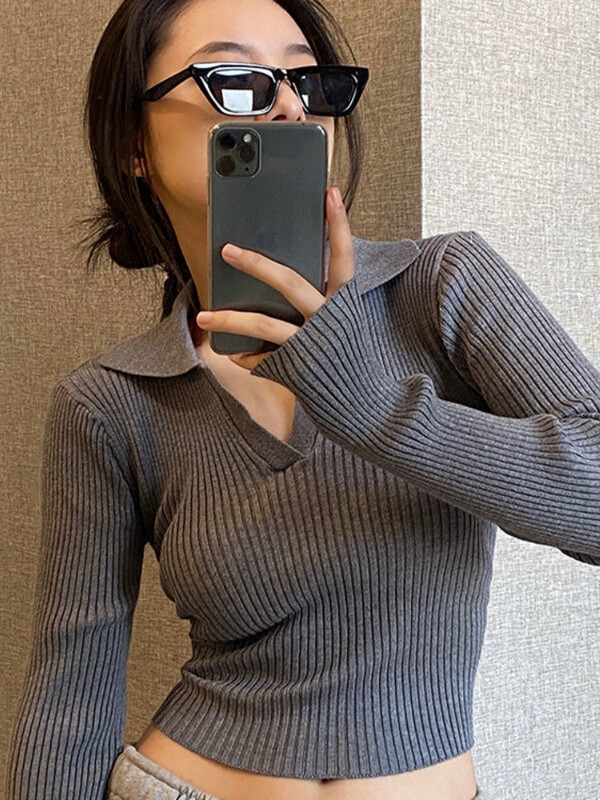 Deeptown Harajuku Crni skraćeni pulover Ženski korejski modni sivi tanki rebrasti pleteni džemper u stilu starog novca Ležeran Y2K Top Kpop