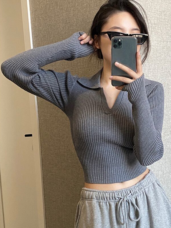 Deeptown Harajuku Crni skraćeni pulover Ženski korejski modni sivi tanki rebrasti pleteni džemper u stilu starog novca Ležeran Y2K Top Kpop