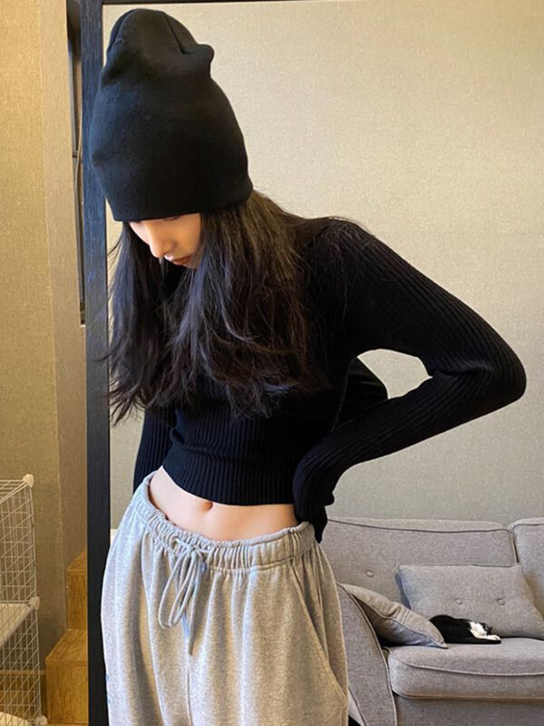 Deeptown Harajuku Crni skraćeni pulover Ženski korejski modni sivi tanki rebrasti pleteni džemper u stilu starog novca Ležeran Y2K Top Kpop