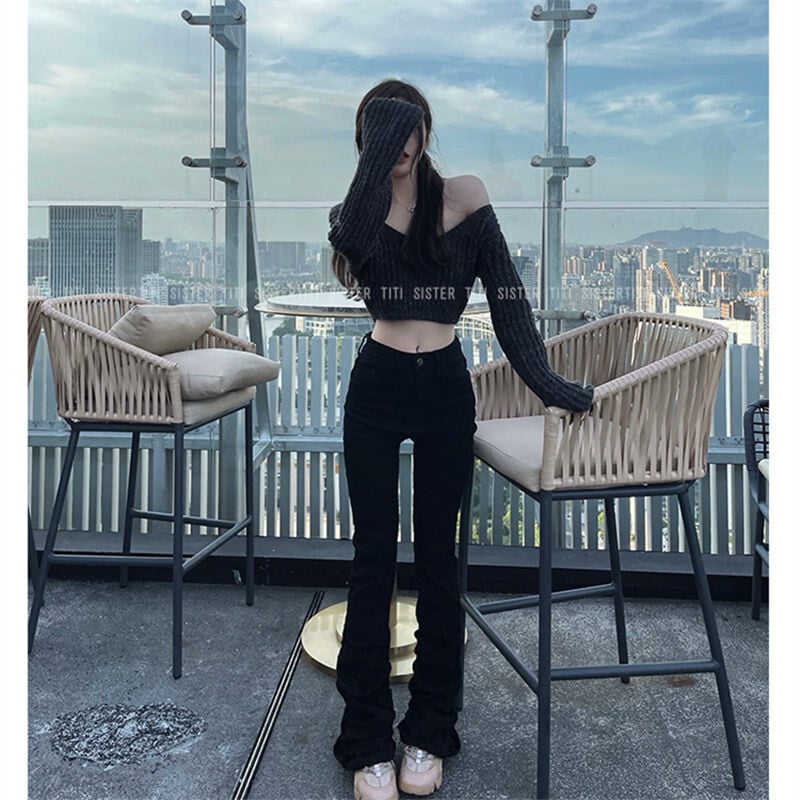 Sügavlinna Korea stiilis kootud kärbitud kampsun Naiste massiivne õhuke seksikas džemper naistele, suur V-kaelusega luksuslik elegantne pullover, sügis