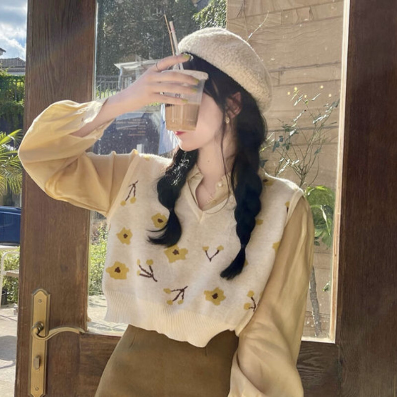 Džemperi i prsluci Ženski retro prikladni za sve djevojke Skraćene majice s cvjetovima Vanjska odjeća s V-izrezom bez rukava Moda Ulzzang Chic Streetwear Pletena