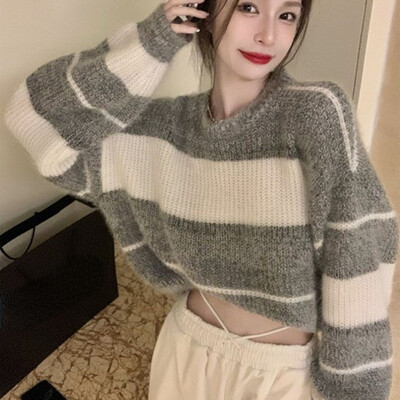 Prugasti puloveri Ženski mekani vrećasti pleteni kratki pulover Jesen Jednostavna ulična odjeća Ležerna Sveobuhvatna Sueter Mujer Udobnost Ulzzang
