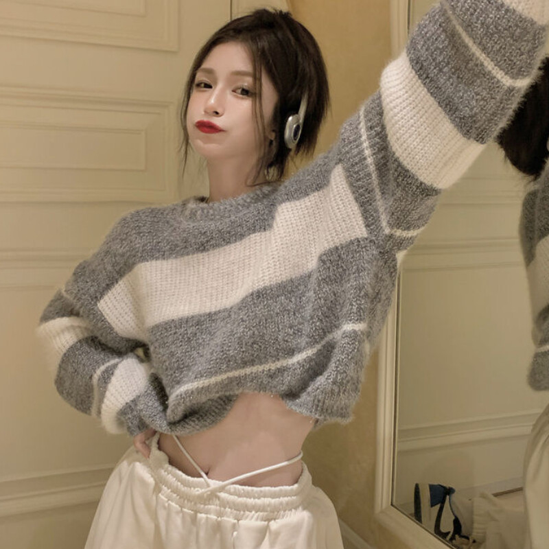 Prugasti puloveri Ženski mekani vrećasti pleteni kratki pulover Jesen Jednostavna ulična odjeća Ležerna Sveobuhvatna Sueter Mujer Udobnost Ulzzang