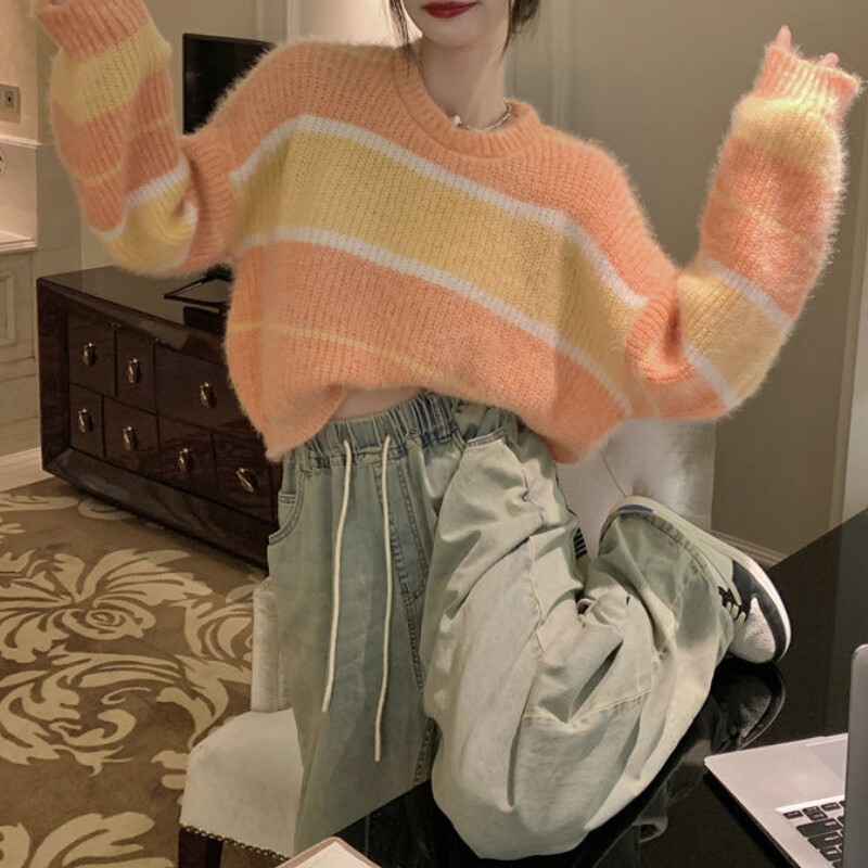 Prugasti puloveri Ženski mekani vrećasti pleteni kratki pulover Jesen Jednostavna ulična odjeća Ležerna Sveobuhvatna Sueter Mujer Udobnost Ulzzang
