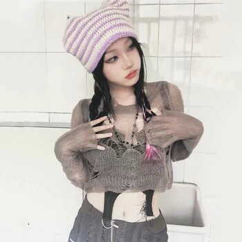 Karrcat Готически тънък пуловер Гръндж Hollow Out Jumper Harajuku Punk Style Sweater Hole Broken Knit Crop Tops E-girl Y2k Clothes