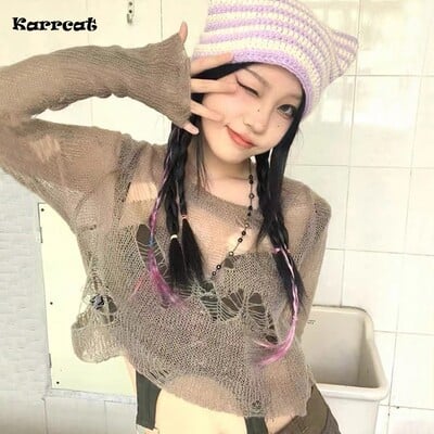 Karrcat Gothic λεπτό πουλόβερ Grunge Hollow Out Jumper Τρύπα πουλόβερ σε στυλ Harajuku Punk Σπασμένα πλεκτά μπλουζάκια E-girl Y2k Ρούχα