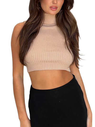 Sieviešu modes trikotāžas, rievotas vestes vienkrāsainas džemperis bez piedurknēm ar apkakli