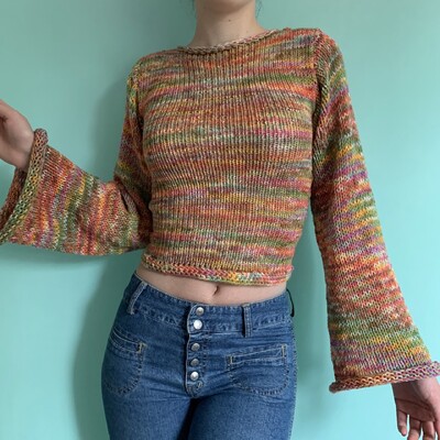 Y2k Crop Top cu mânecă lungă pentru femei, tricot croșetat, cu bloc de culoare, pulover, Topuri, cămăși largi, mozaic, îmbrăcăminte stradală anii 90