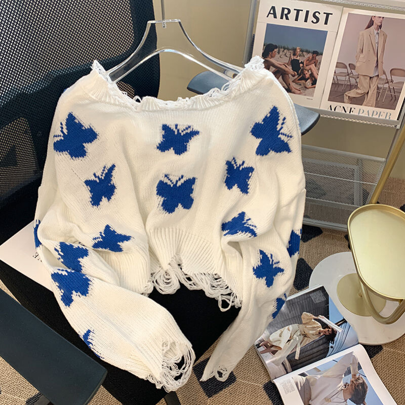Jauns sieviešu korejiešu modes grafisks trikotāžas džemperis ar tauriņu sievietēm, salds, lielizmēra apgriezts topus no pleciem, brīvs džemperis