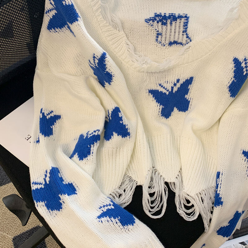 Jauns sieviešu korejiešu modes grafisks trikotāžas džemperis ar tauriņu sievietēm, salds, lielizmēra apgriezts topus no pleciem, brīvs džemperis