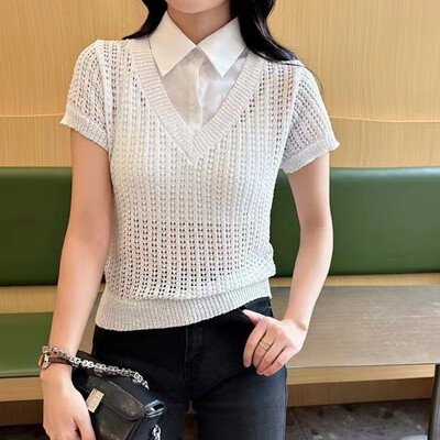 Sieviešu V veida kakla trikotāžas džempera veste vienkrāsains ikdienišķs rievotas koledžas stila augsts viduklis, apgriezts džemperis ar īsām piedurknēm