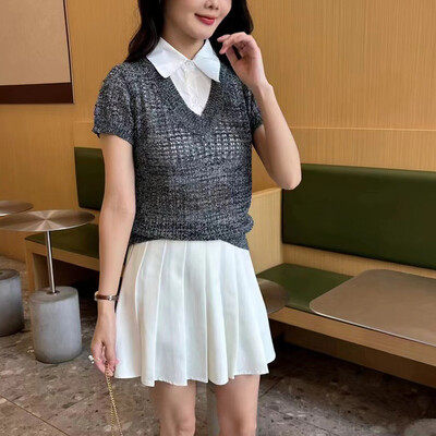 Sieviešu V veida kakla trikotāžas džempera veste vienkrāsains ikdienišķs rievotas koledžas stila augsts viduklis, apgriezts džemperis ar īsām piedurknēm