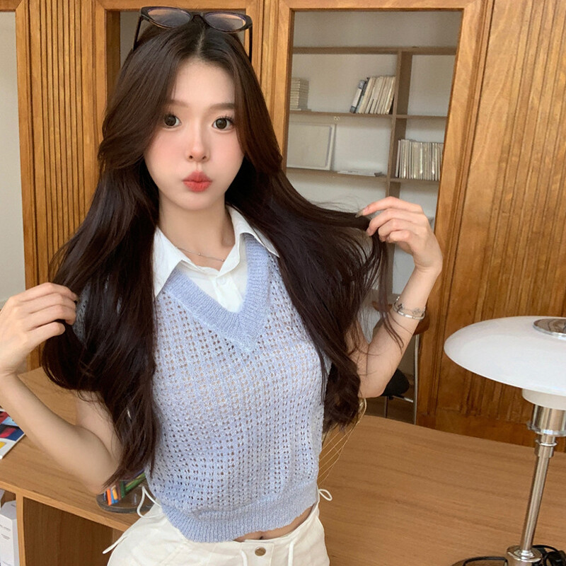 Sieviešu V veida kakla trikotāžas džempera veste vienkrāsains ikdienišķs rievotas koledžas stila augsts viduklis, apgriezts džemperis ar īsām piedurknēm