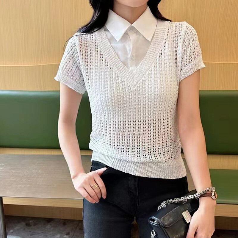 Sieviešu V veida kakla trikotāžas džempera veste vienkrāsains ikdienišķs rievotas koledžas stila augsts viduklis, apgriezts džemperis ar īsām piedurknēm