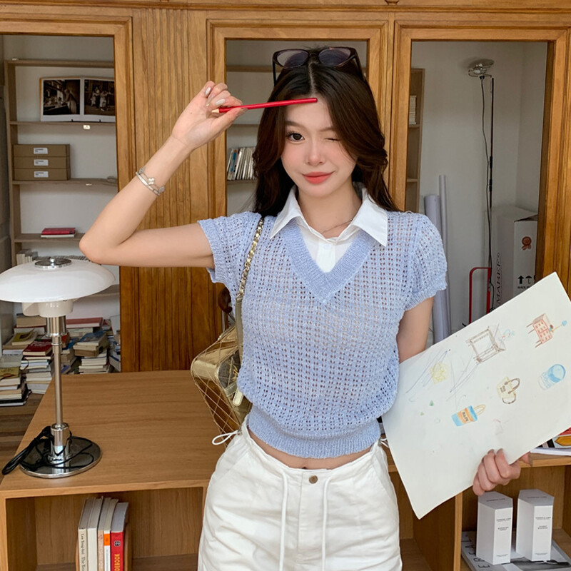 Sieviešu V veida kakla trikotāžas džempera veste vienkrāsains ikdienišķs rievotas koledžas stila augsts viduklis, apgriezts džemperis ar īsām piedurknēm