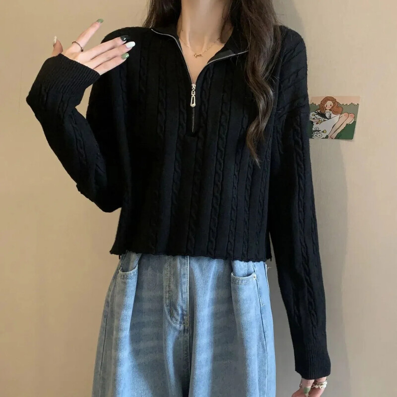 Vintagecable Knitzip-up Γυναικείο μισό πόλο/χελώνα πουλόβερ με λαιμόκοψη λεπτοκομμένο φθινόπωρο 2023 Νέο στυλ πλεκτό μπλουζάκι