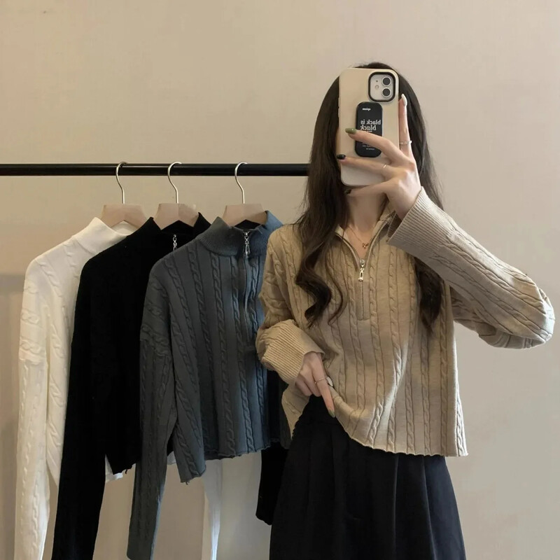 Vintagecable Knitzip-up Γυναικείο μισό πόλο/χελώνα πουλόβερ με λαιμόκοψη λεπτοκομμένο φθινόπωρο 2023 Νέο στυλ πλεκτό μπλουζάκι