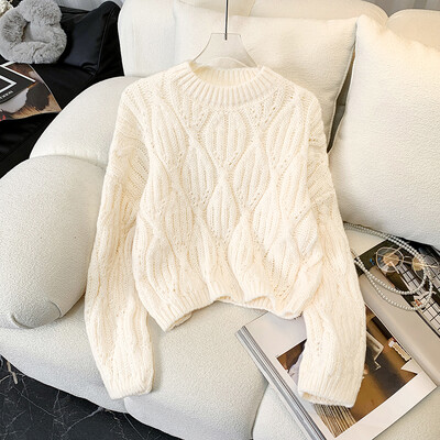 Ženski pulover Meki kablovski pleteni kratki pulover dugih rukava s okruglim izrezom Box-fit Obični džemper za tinejdžerice Jesen Zima Basic Outfit
