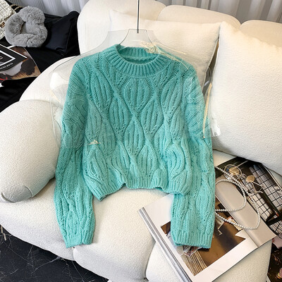 Ženski pulover Meki kablovski pleteni kratki pulover dugih rukava s okruglim izrezom Box-fit Obični džemper za tinejdžerice Jesen Zima Basic Outfit