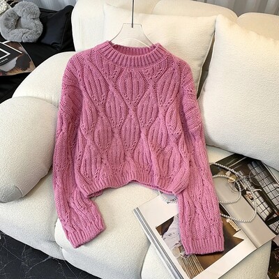 Ženski pulover Meki kablovski pleteni kratki pulover dugih rukava s okruglim izrezom Box-fit Obični džemper za tinejdžerice Jesen Zima Basic Outfit