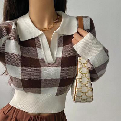 Tricotaj de toamnă iarnă Vintage Crop Tops Pulovere pentru femei Pulovere de modă pentru femeie cu mâneci lungi Elastice casual, cămăși tricotate în carouri