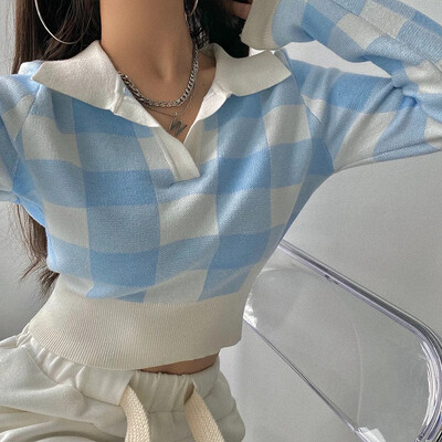 Jesen Zima Vintage pletenina Crop Topovi Ženski puloveri Džemperi Modni ženski Elastične ležerne karirane pletene košulje dugih rukava