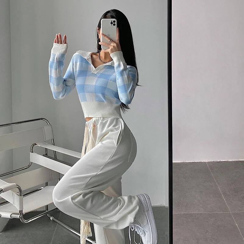Jesen Zima Vintage pletenina Crop Topovi Ženski puloveri Džemperi Modni ženski Elastične ležerne karirane pletene košulje dugih rukava