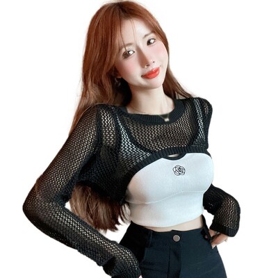 Sieviešu Y2k tamborēti adīti dobi apgriezti džemperi ar garām piedurknēm, tīklveida pārklāji.