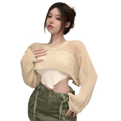 Sieviešu Y2k tamborēti adīti dobi apgriezti džemperi ar garām piedurknēm, tīklveida pārklāji.