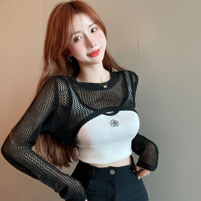 Sieviešu Y2k tamborēti adīti dobi apgriezti džemperi ar garām piedurknēm, tīklveida pārklāji.