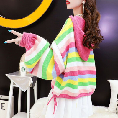 Puloveri s kapuljačom Ženski Kawaii Rainbow Modni puloveri za školarke Vrećasti Jednostavni jesenski Popularni pleteni predmeti Skraćeni Ležerni za sve kombinacije