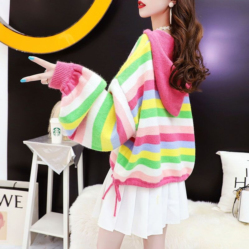 Puloveri s kapuljačom Ženski Kawaii Rainbow Modni puloveri za školarke Vrećasti Jednostavni jesenski Popularni pleteni predmeti Skraćeni Ležerni za sve kombinacije