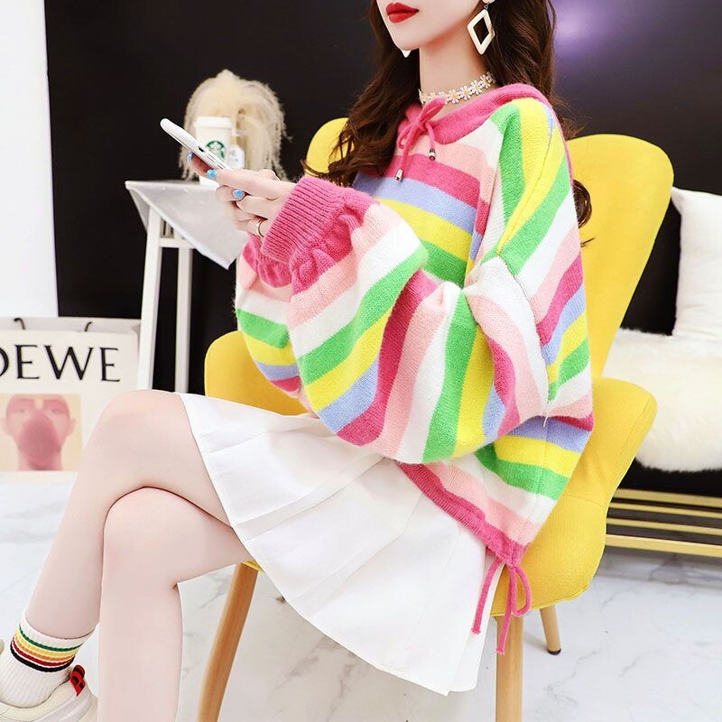 Puloveri s kapuljačom Ženski Kawaii Rainbow Modni puloveri za školarke Vrećasti Jednostavni jesenski Popularni pleteni predmeti Skraćeni Ležerni za sve kombinacije