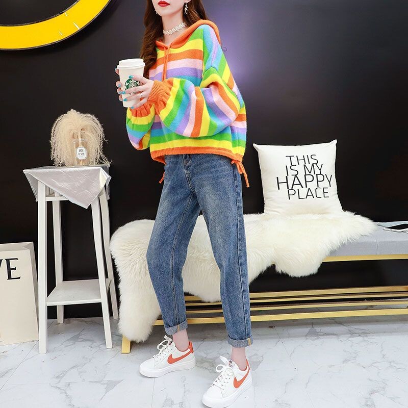 Puloveri s kapuljačom Ženski Kawaii Rainbow Modni puloveri za školarke Vrećasti Jednostavni jesenski Popularni pleteni predmeti Skraćeni Ležerni za sve kombinacije