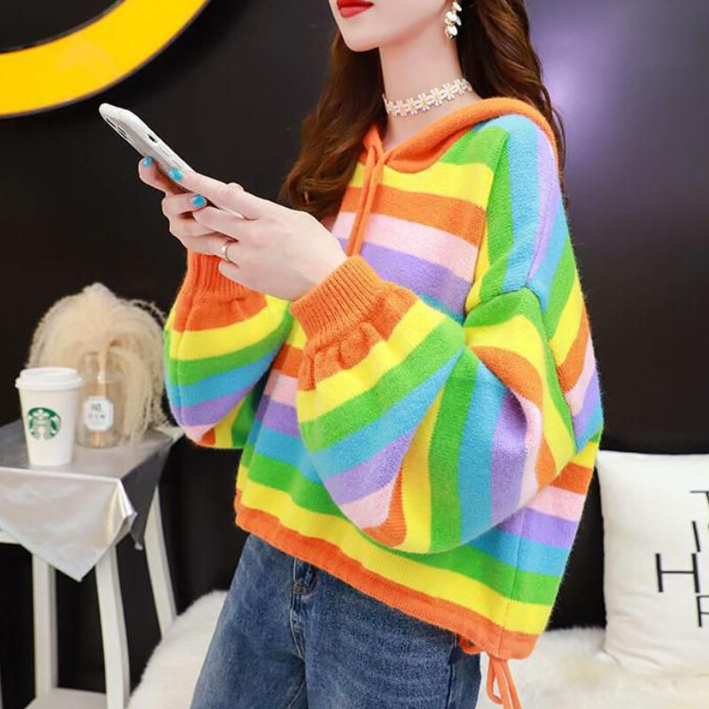 Puloveri s kapuljačom Ženski Kawaii Rainbow Modni puloveri za školarke Vrećasti Jednostavni jesenski Popularni pleteni predmeti Skraćeni Ležerni za sve kombinacije