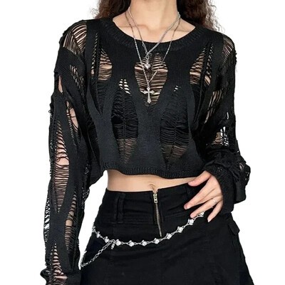 PTKPCC új divat, lyukas szakadt kötött smokk felsők Szexi vintage nyírt pulóver üreges tavaszi őszi pulóver kötöttáru