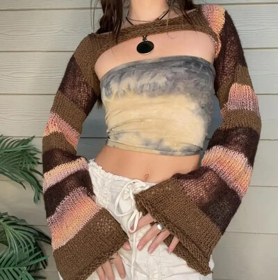 Y2k tricot cu mânecă lungă din umeri Topuri crop pentru femei Top croșetat decupat Pulover transparent Vintage Streetwear Vară Noi haine pentru femei