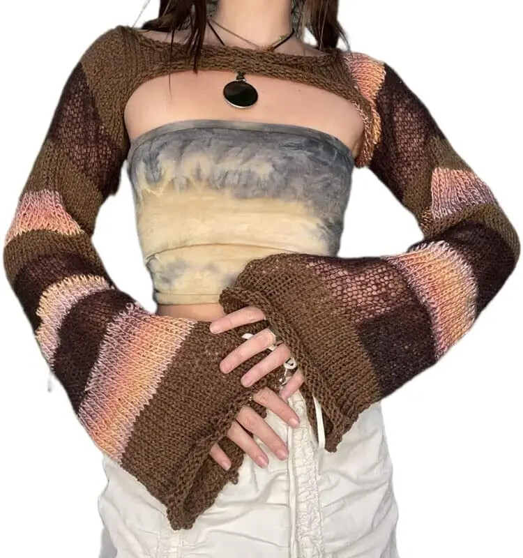 Y2k tricot cu mânecă lungă din umeri Topuri crop pentru femei Top croșetat decupat Pulover transparent Vintage Streetwear Vară Noi haine pentru femei