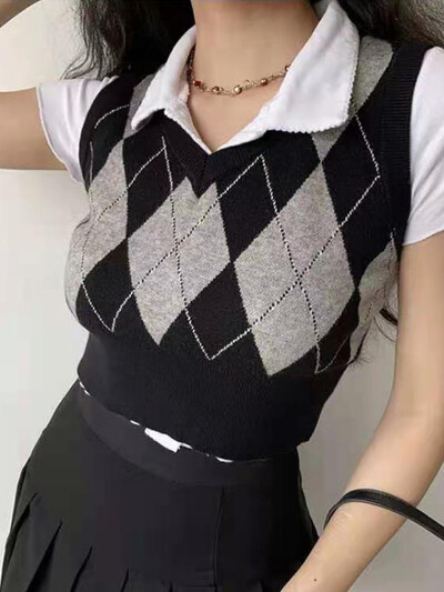 JMPRS Fashion Argyle Vestă pentru femei Pulover Pulover Harajuku Negru Preppy Style Femei Crop Tops Streetwear Design Jumper de toamnă