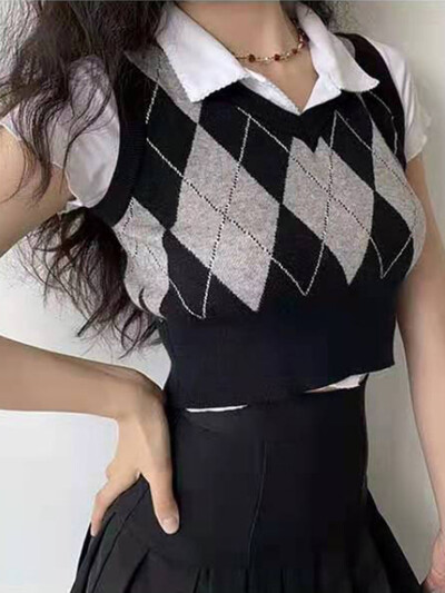 JMPRS Fashion Argyle női mellény pulóver, pulóver Harajuku fekete Preppy stílusú női termesztett felsők Utcai ruházat, őszi pulóver