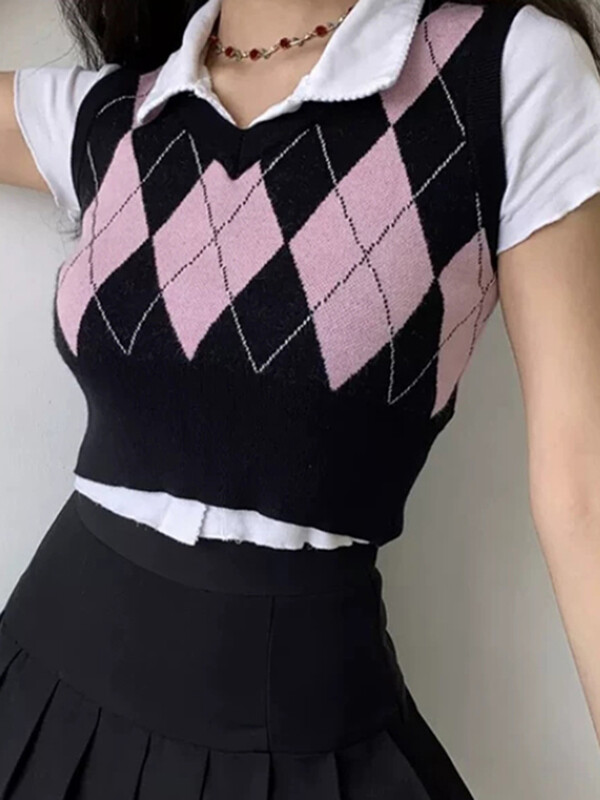 JMPRS Fashion Argyle női mellény pulóver, pulóver Harajuku fekete Preppy stílusú női termesztett felsők Utcai ruházat, őszi pulóver