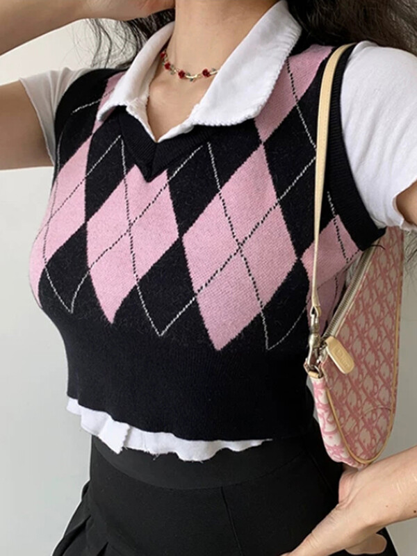 JMPRS Fashion Argyle női mellény pulóver, pulóver Harajuku fekete Preppy stílusú női termesztett felsők Utcai ruházat, őszi pulóver