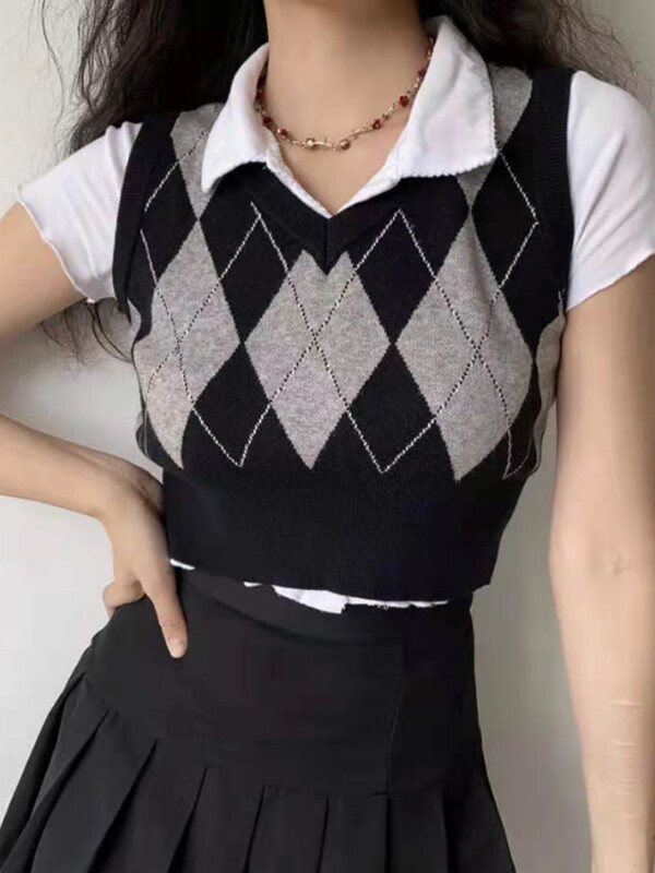 JMPRS Fashion Argyle női mellény pulóver, pulóver Harajuku fekete Preppy stílusú női termesztett felsők Utcai ruházat, őszi pulóver