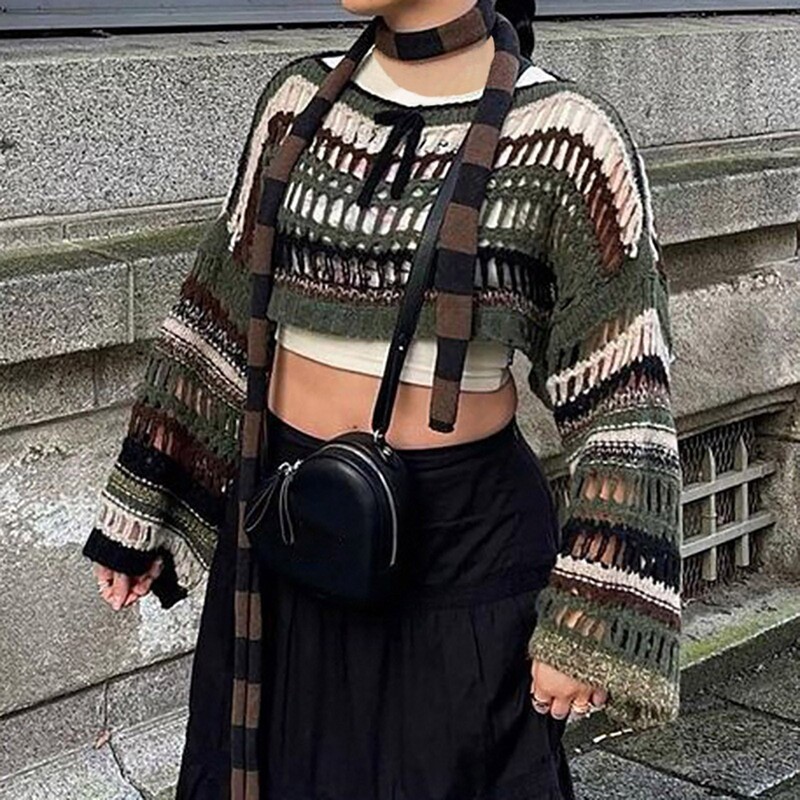 Ženski Y2K kratki pulover s izdubljenim višebojnim prugama s vezanjem i dugim rukavima, dugim rukavima, Harajuku puloverima