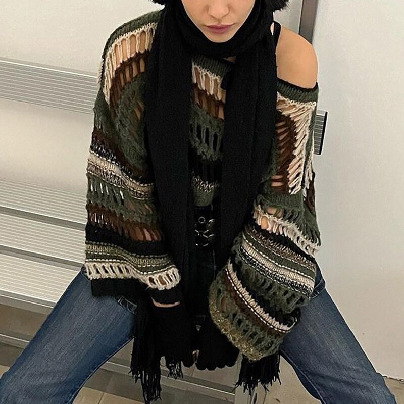 Ženski Y2K kratki pulover s izdubljenim višebojnim prugama s vezanjem i dugim rukavima, dugim rukavima, Harajuku puloverima