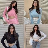 Ženski kratki top pulover s O-izrezom, uski pleteni pulover Crop Top Fuzzy pulover