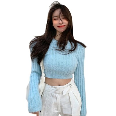 Ženski kratki top pulover s O-izrezom, uski pleteni pulover Crop Top Fuzzy pulover