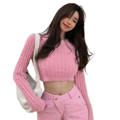 Ženski kratki top pulover s O-izrezom, uski pleteni pulover Crop Top Fuzzy pulover