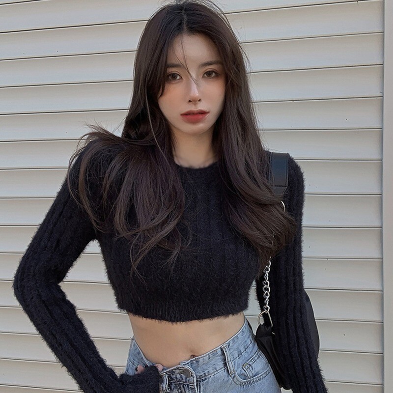 Ženski kratki top pulover s O-izrezom, uski pleteni pulover Crop Top Fuzzy pulover