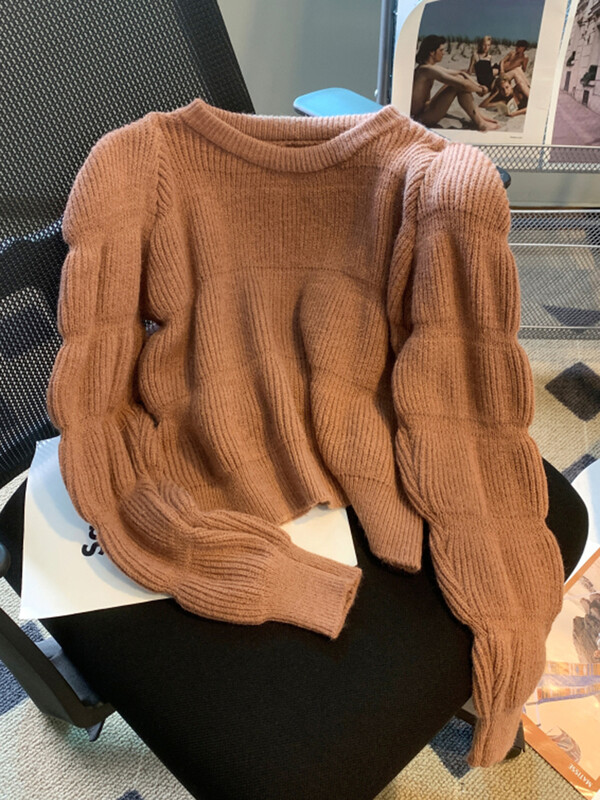 Aotvotee Apgriezts džemperis Sieviešu džemperis Trikotāžas Piedurknēm Ikdienas džemperi ar O veida kakla izgriezumu korejiešu rudens ziemas modes džemperi